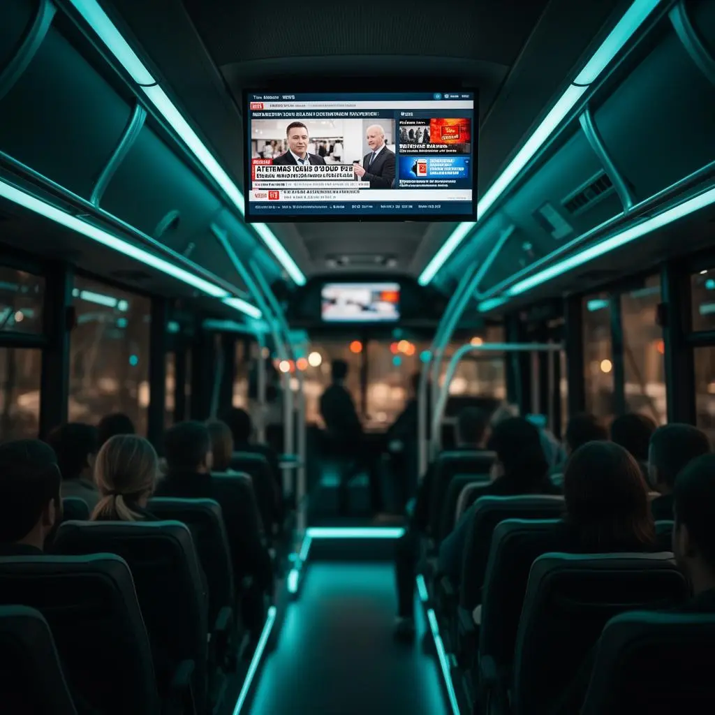 Bus infotainment screen showing live news